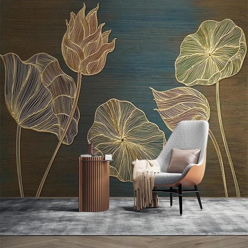 Custom 3D Embossed Lotus Flowers Mural Wallpaper for Bedroom Living ...