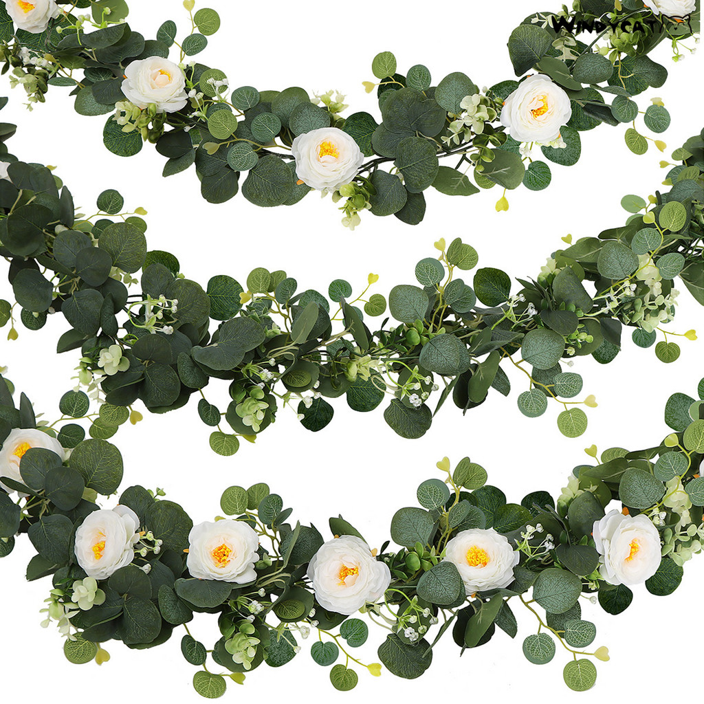 WINDYCAT 175CM Artificial Rose Garland with Eucalyptus Leaves Realistic ...