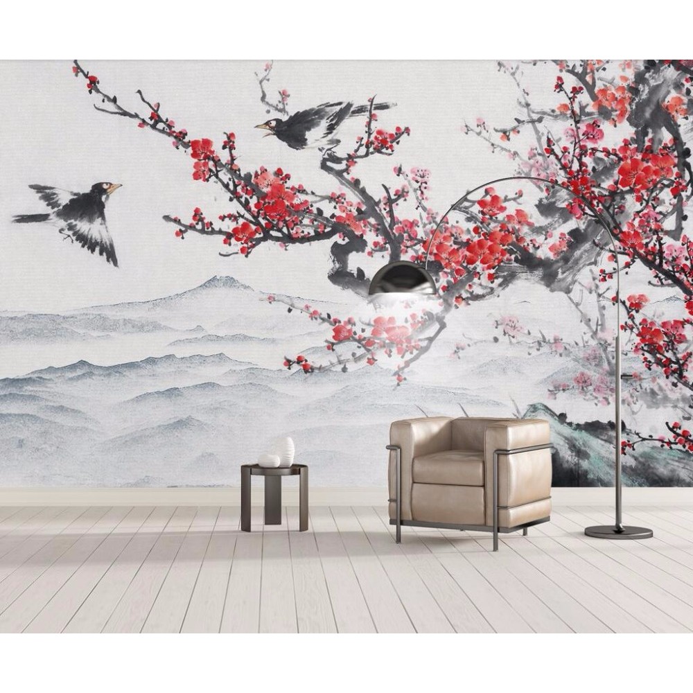 Chinese Style Ink Mountain Plum Flower Bird Landscape Wallpaper Mural ...