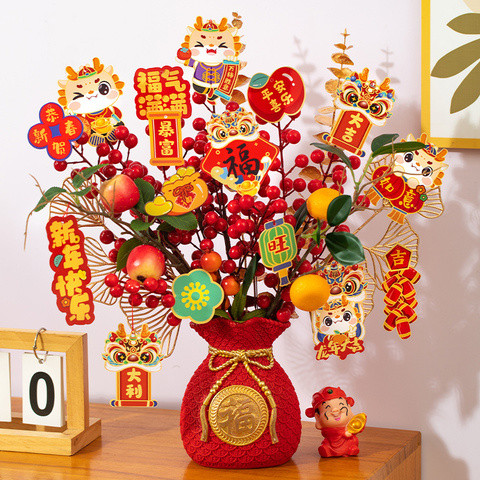 Spring Festival decorations and ornaments 2025春节装饰红果发财果假花仿真花摆件蛇年福桶喜庆新年 ...