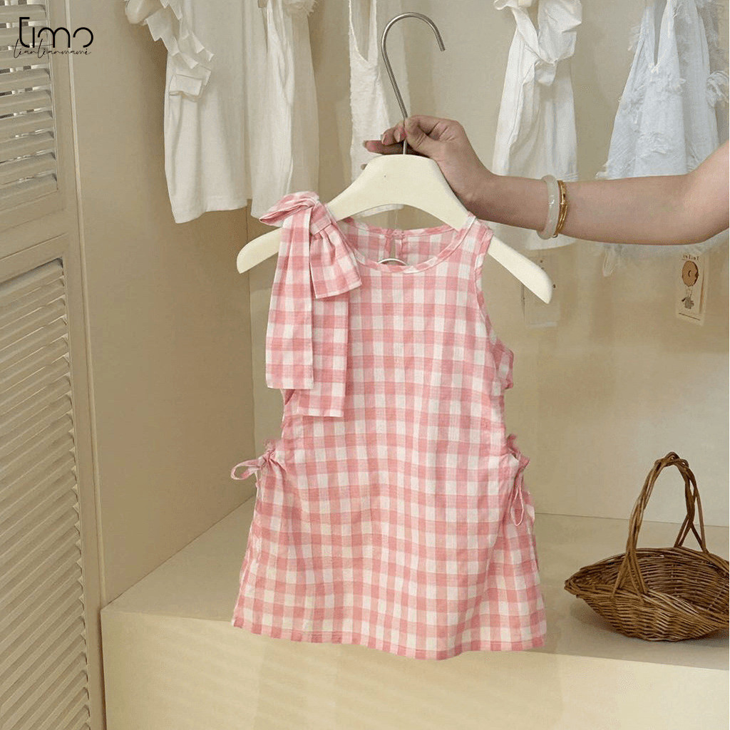 Timo Girls Summer New Style Pink White Checked Bow Vest Skirt Baby ...