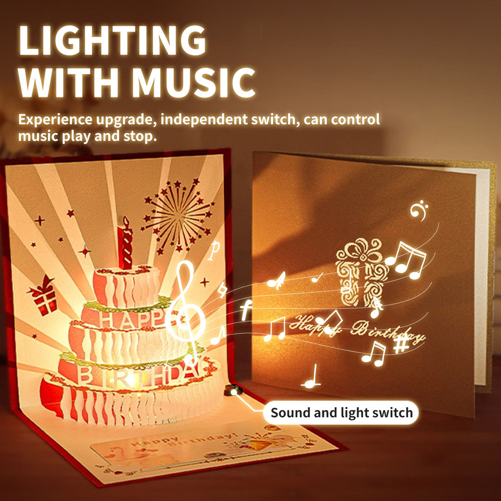 Music Birthday Card Pop Up 3D Cake Musical Light Greeting Card Creative ...