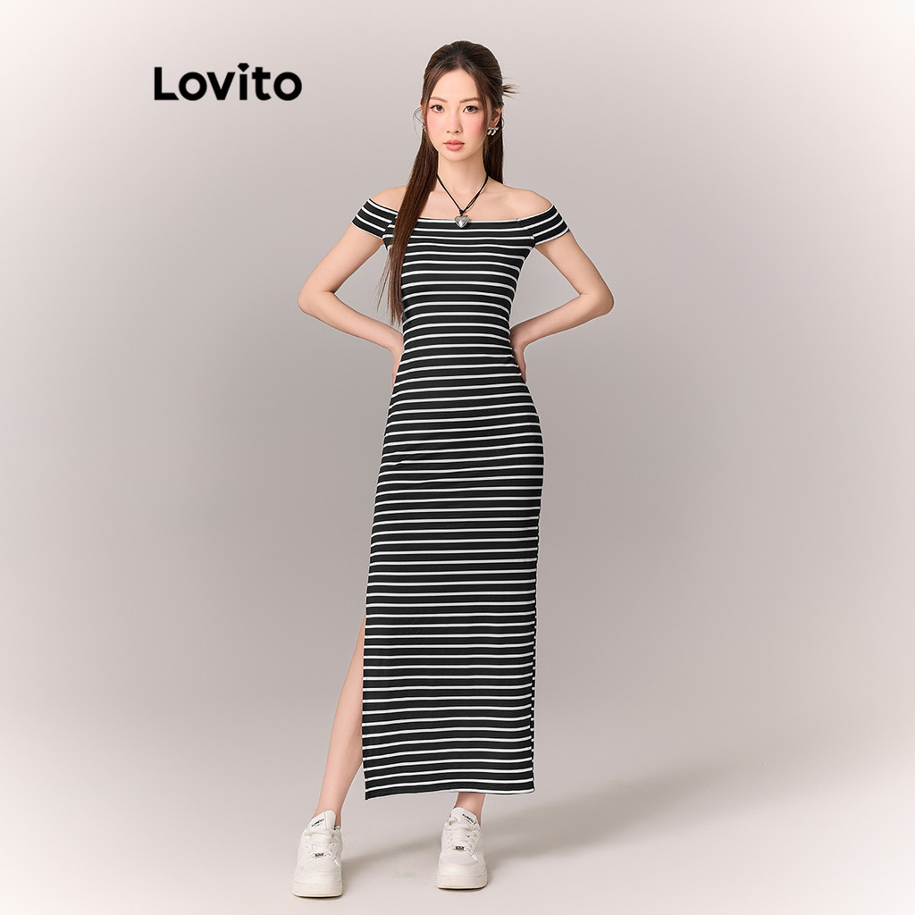 Lovito Casual Striped Cold Shoulder Dress for Women L114AD188 | Shopee ...