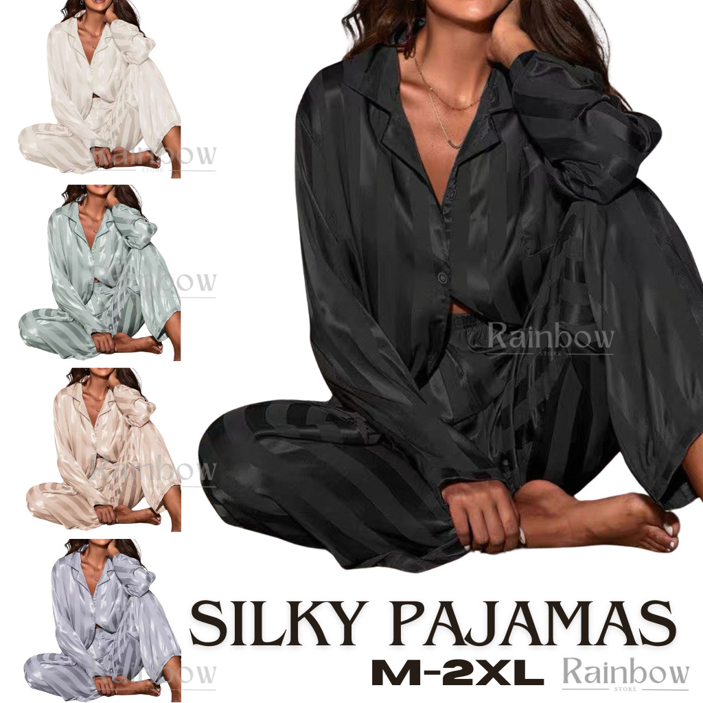 Quality Silk Satin Pyjamas Long Sleeve Baju Tidur Wanita Lengan Panjang ...