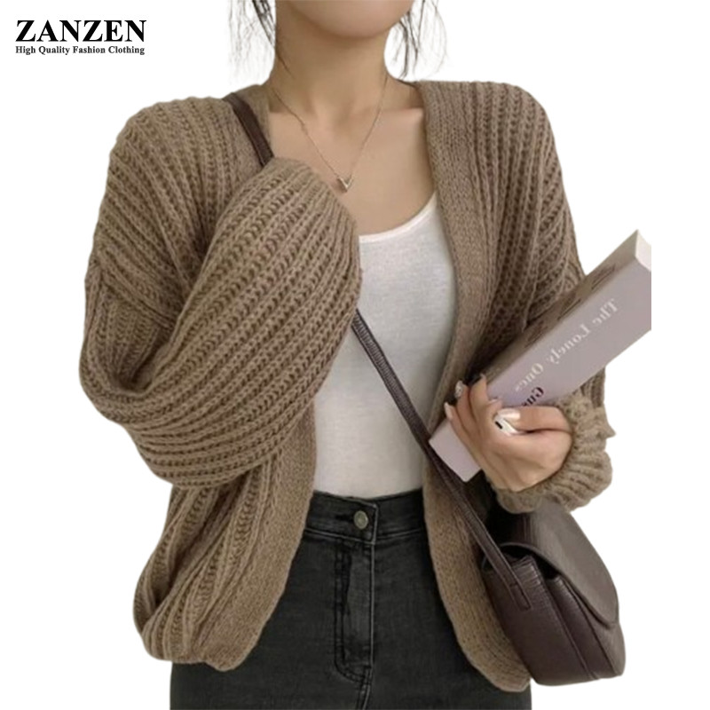 ZANZEN Women's Knitted Cardigan Sweater Loose Long Sleeve Buttonless Casual  warm Outerwear