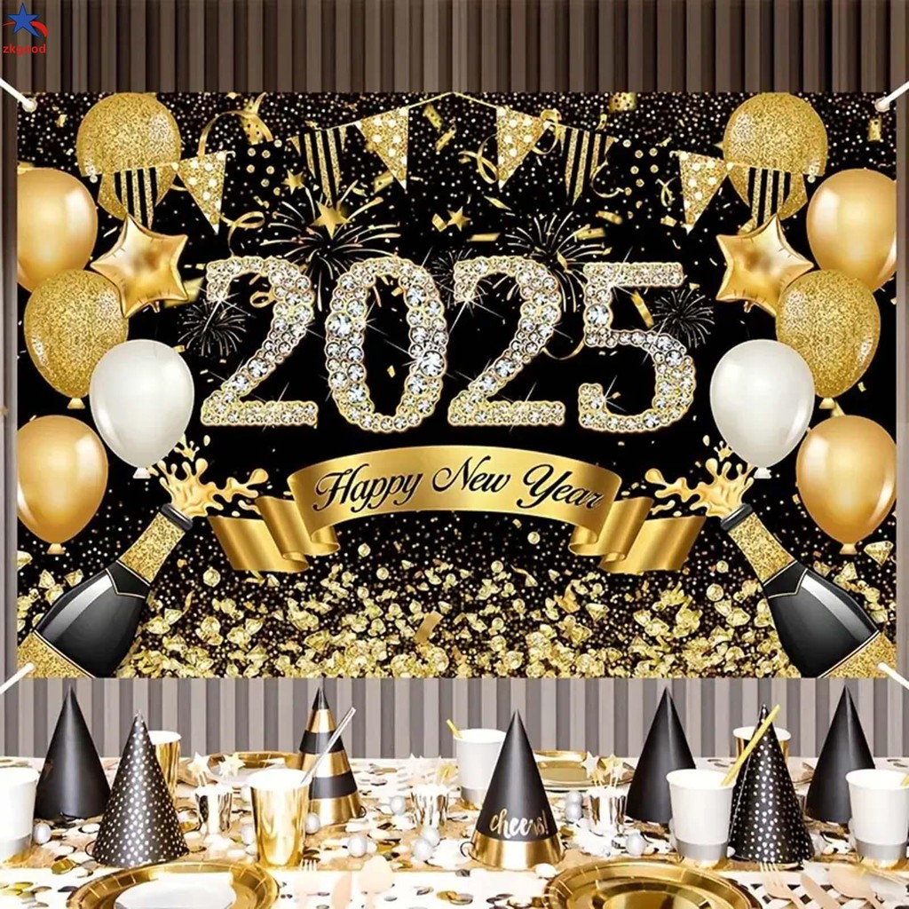 2025 Happy New Year Backdrop Golden Black Pub Club Event Party Supplies ...