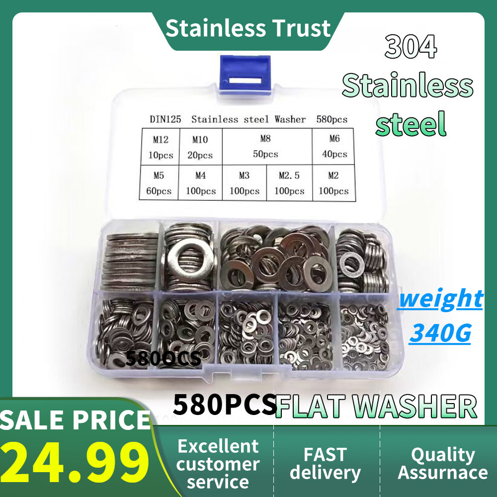 Kit 600 Rondelle Piatte In Acciaio Inox 304, 9 Misure Da M2 A M12, Assortimento