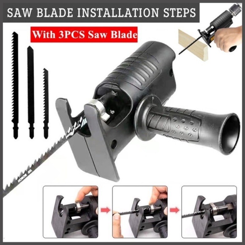 Portable Reciprocating Saw Adapter – Electric Drill Attachment With Ergonomic Handle And 3 Saw Blades For Wood & Metal Cutting