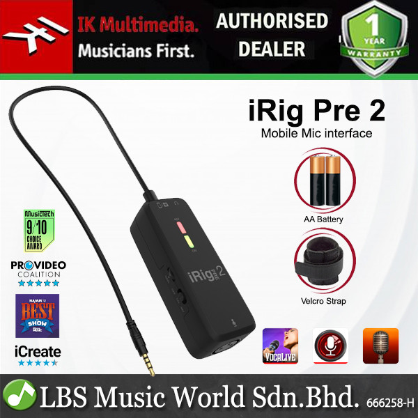 IK Multimedia iRiG Pre 2 Mobile Microphone Interface Mic Preamp Adapter ...