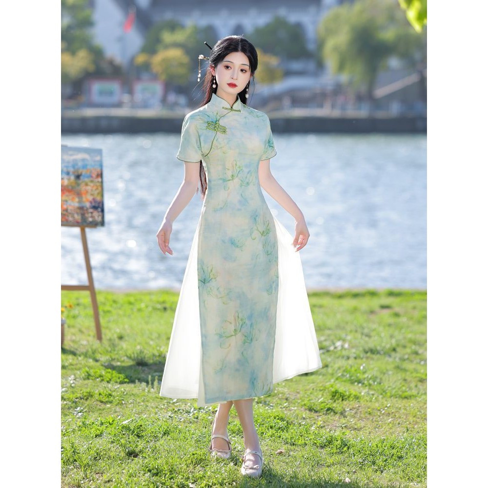 2024 Green Blue Butterfly Print AoDai A-line Cheongsam Dress