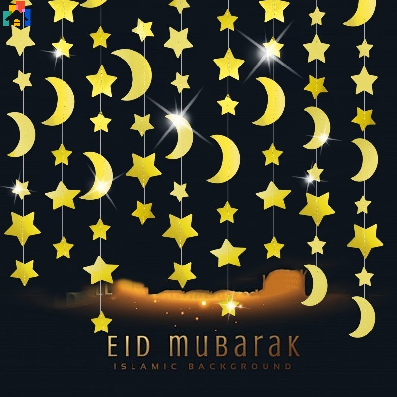 2/4M Gold Star Moon Eid Paper Bunting Garland Mubarak Ramadan Streamer ...