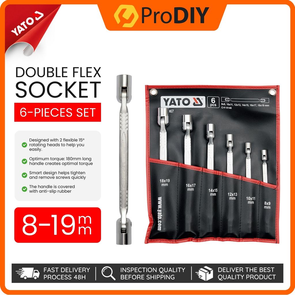 YATO 6PCS Set Double Flexible Socket 8-19mm Flexible Socket Wrench ...