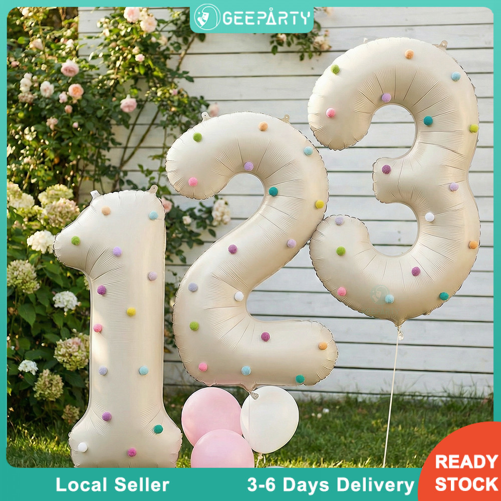GeeParty Cream Number Balloon 32 Inch with 20pcs Colorful Pompoms Plush