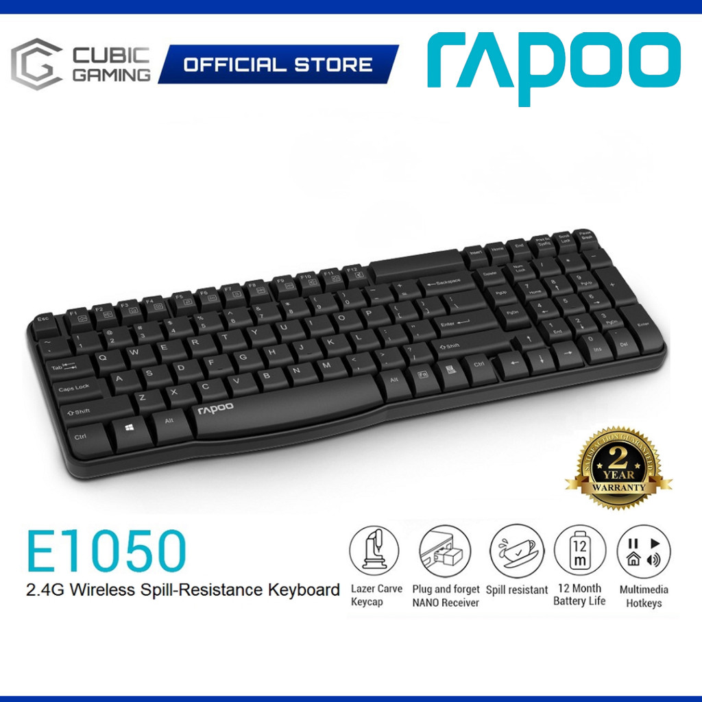 RAPOO E1050 SPILL-RESISTANCE WIRELESS KEYBOARD WITH NANO RECEIVER, 10 ...