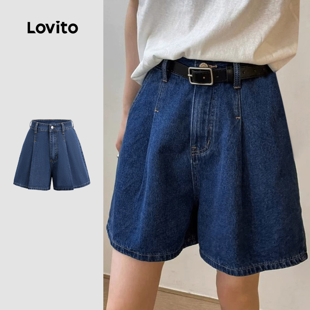 Lovito Casual Denim Shorts Button Pleated Spring/summer Blue Denim ...