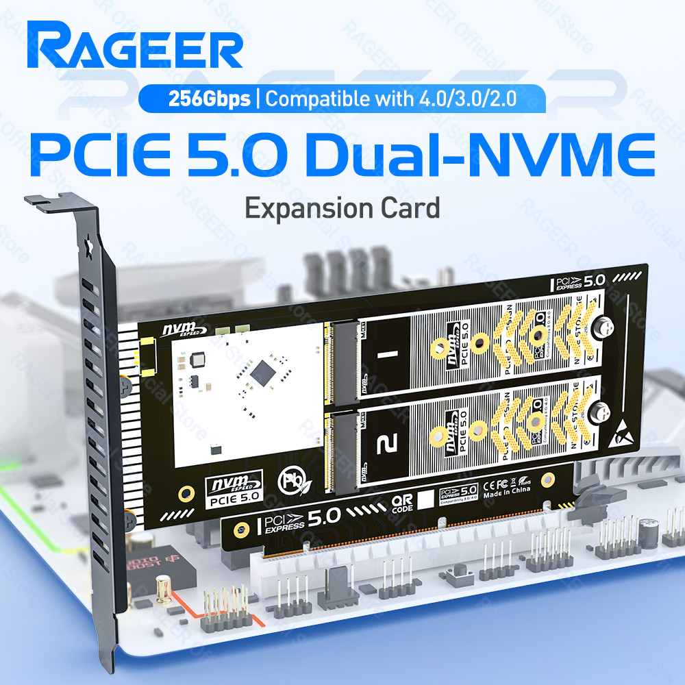 RAGEER PCIe 5.0 to Dual M.2 NVMe X16/X8 Adapter Extension Riser Card ...