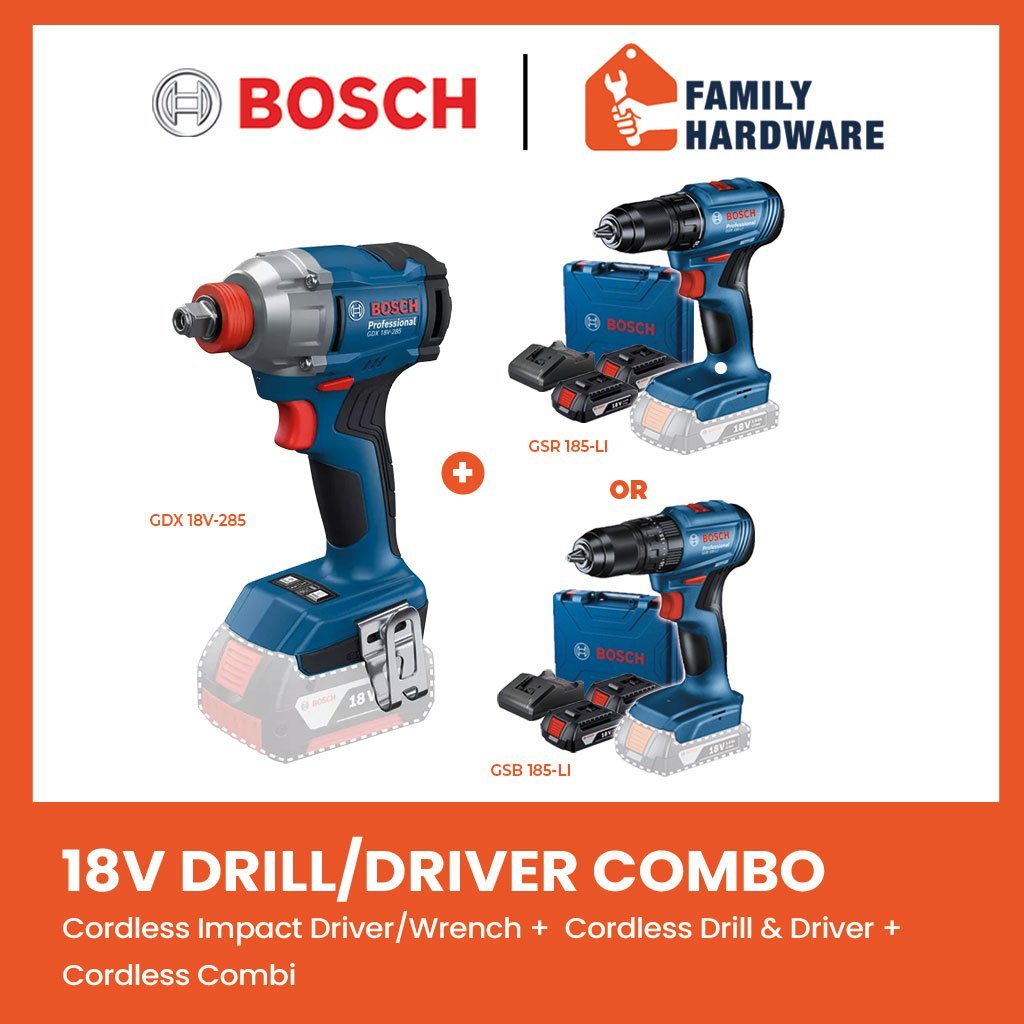 BOSCH 18V GDX18V285 Cordless Impact Driver Wrench GSB185 Cordless Combi ...