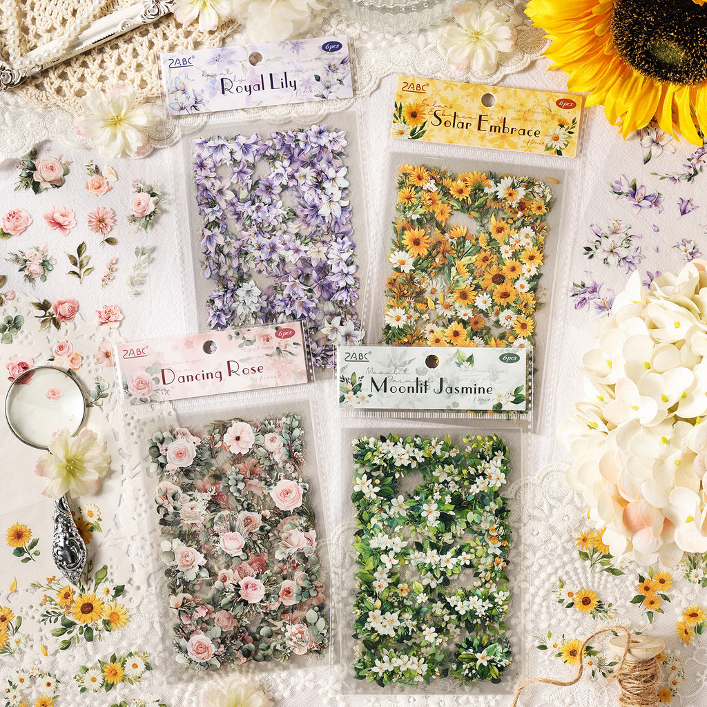 Journamm 6sheets Vintage Flower Scrapbook Stickers Kit Floral PET ...