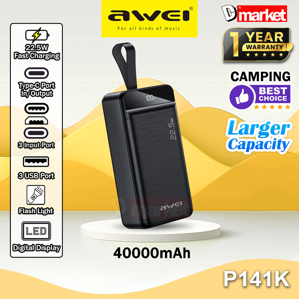 Awei P141K 40000mAh Powerbank 22.5W Fast Charging Power Bank with Torch ...