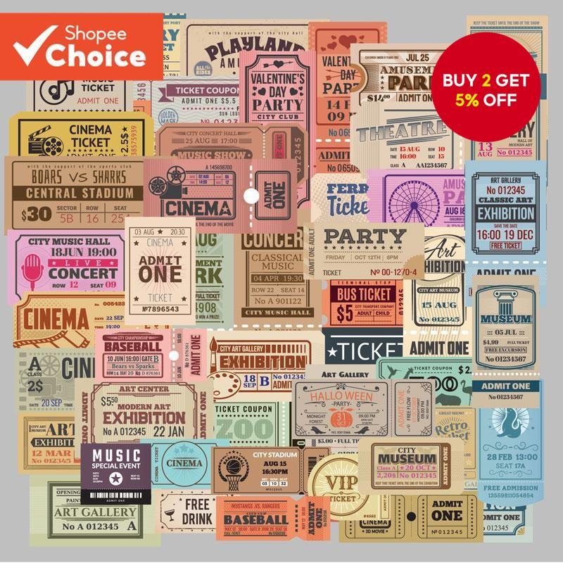 Retro Ticket 2 Stickers 50pcs Waterproof Sticker Vinyl For Water Bottle ...