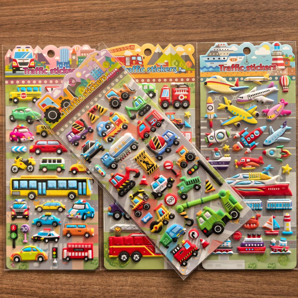 4 Sheets 3D Traffic Vehicle Stickers - Cute Construction/Fire/Transport ...