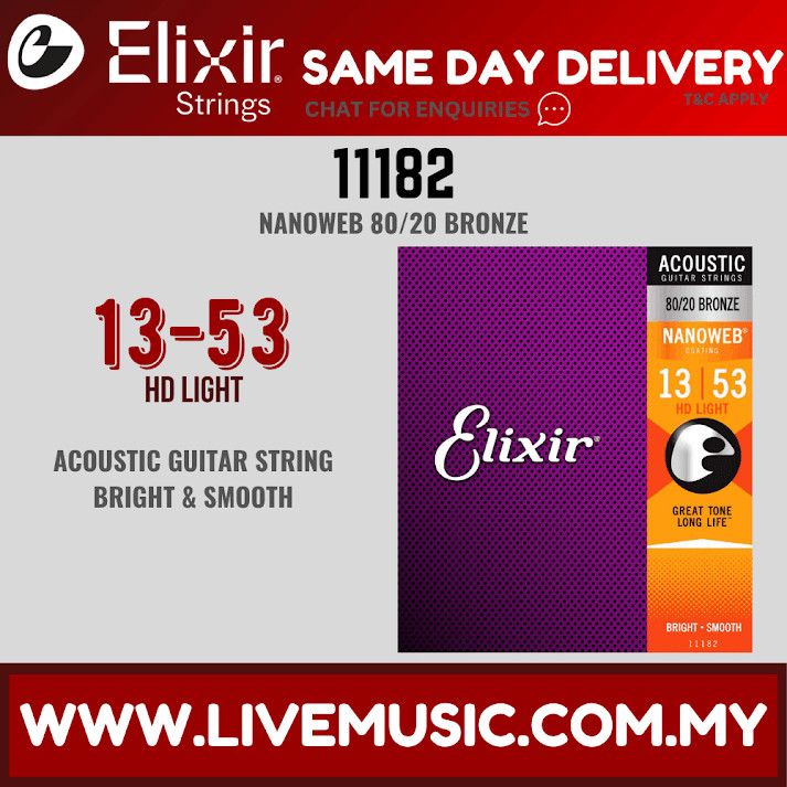 Elixir 11182 Nanoweb 80/20 Bronze Acoustic Guitar Strings (13-53 ...