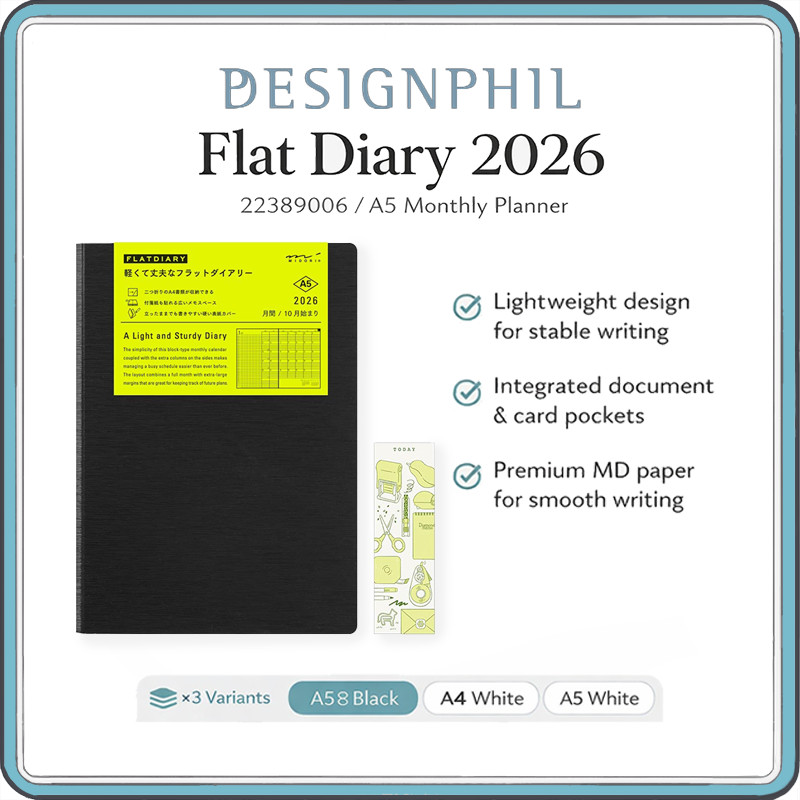 Midori Flat Diary 2026 Monthly Planner – Lightweight A4 & A5 (Black ...