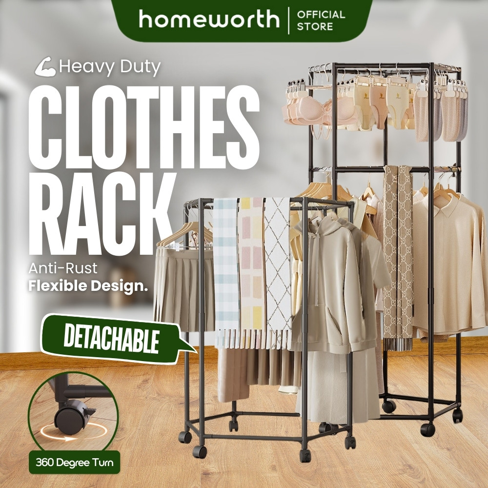 Heavy Duty Carbon Steel Clothes Rack with Wheels – Anti-Rust, Rotatable ...