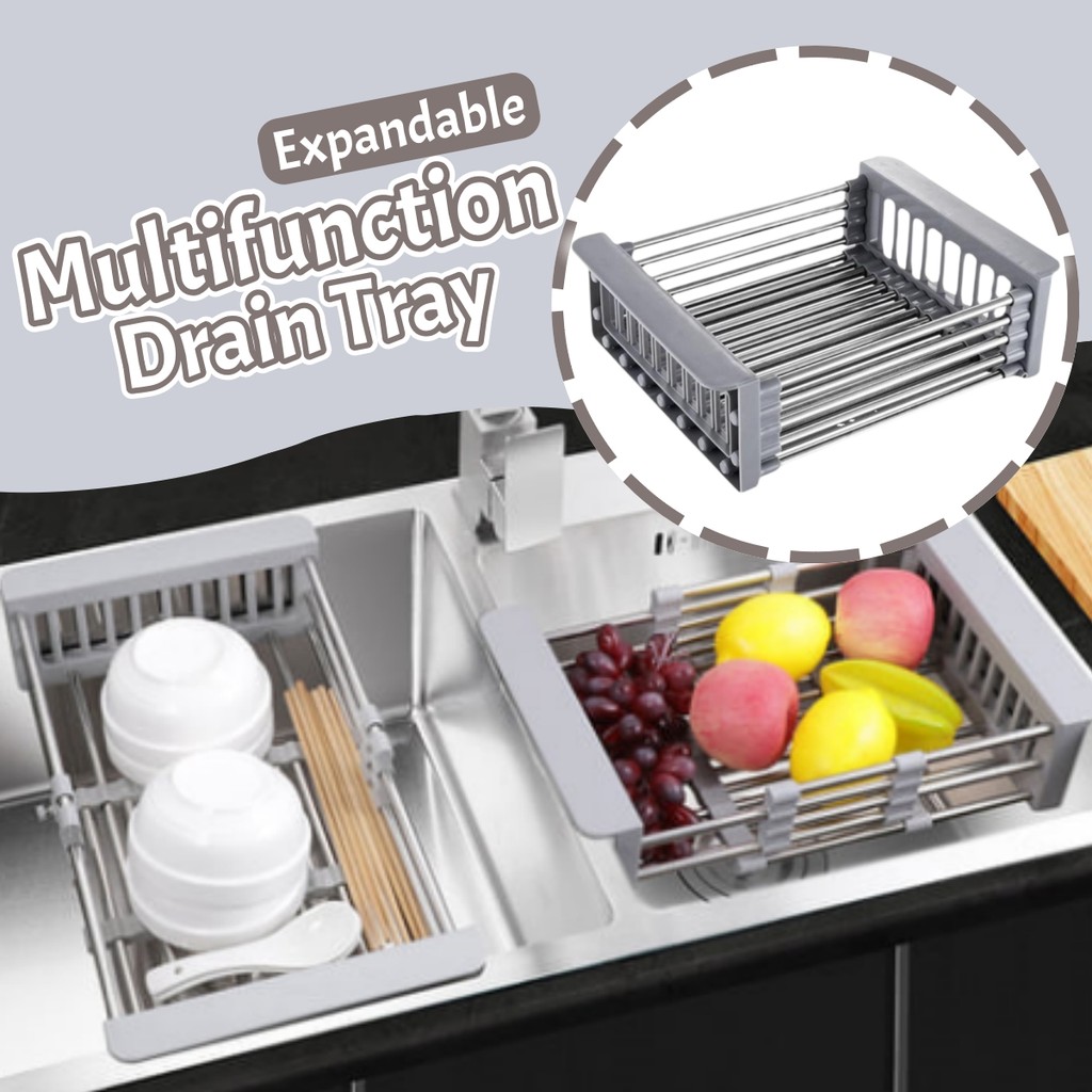 Adjustable Stainless Steel Sink Drain Basket Shelf Kitchen Dish Rack ...