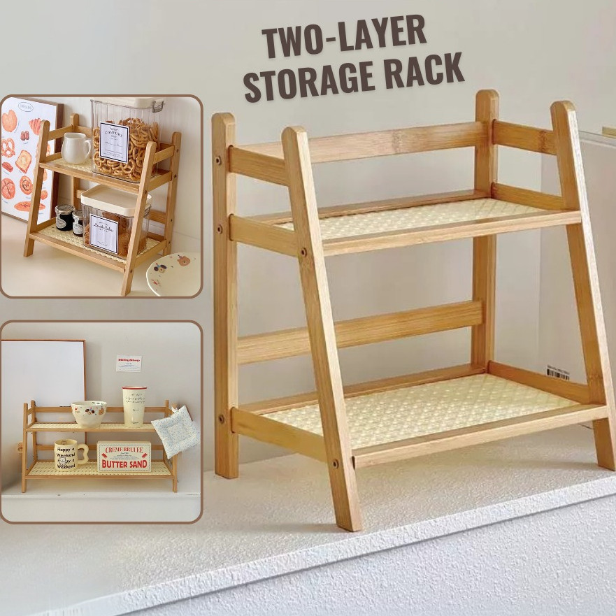 Two-Tier Wooden Kitchen Japan Style Storage Rack Table Rack Spice Cup ...