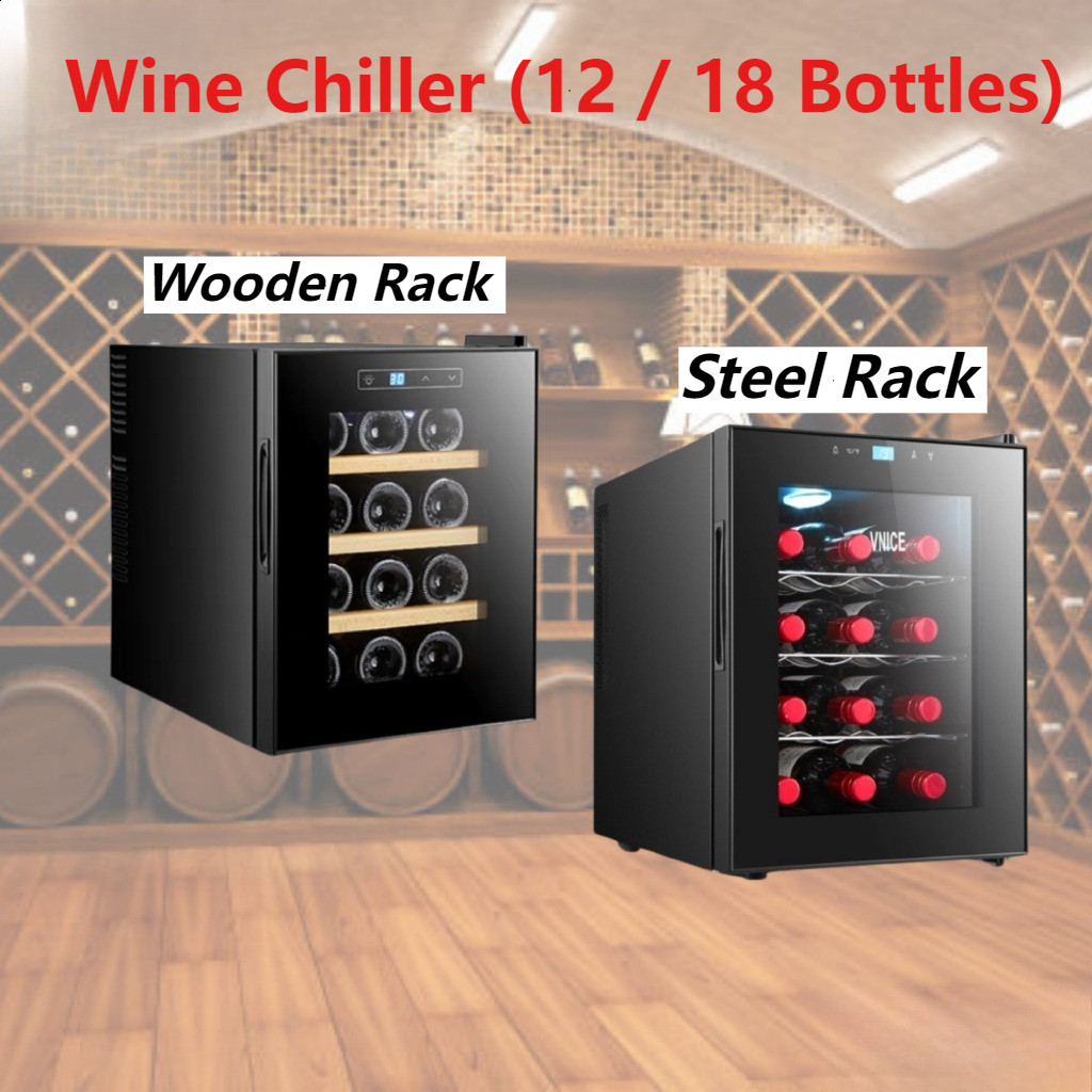 Wine Chiller (12 / 18 Bottles) Thermoelectric Black Wooden Rack / Steel ...