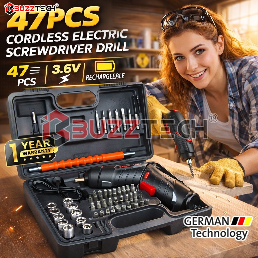 BuzzTech 47pcs 3.6V Cordless Electric Screwdriver Drill Rechargeable ...