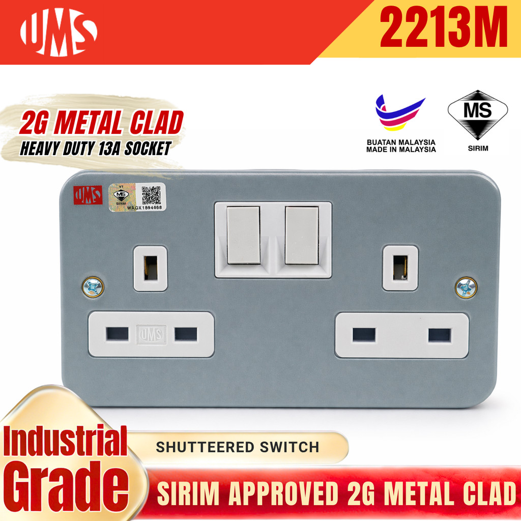 UMS 2213M 2Gang Metal Clad 250V 13A Electric Power Socket Outlet with ...
