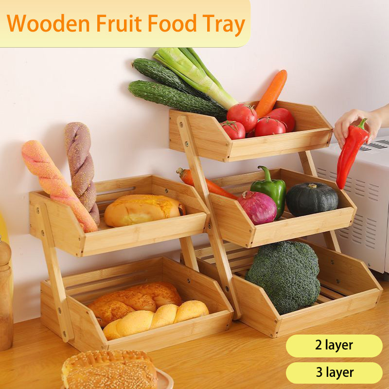 2&3-Layer Solid wood Fruit Vegetables Rack Food Storage Basket Bread ...