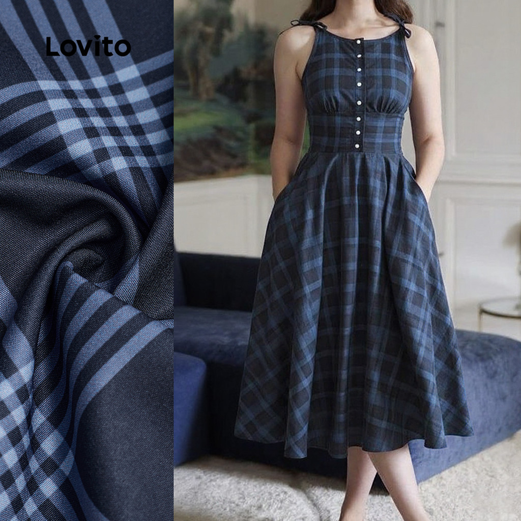 Lovito Elegant Dress Pocket Button Front Spring/summer Navy Blue Dress ...