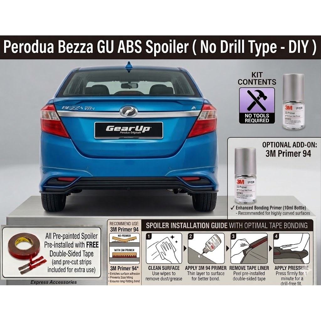 PERODUA BEZZA 2016 - 2026 GEAR UP ABS REAR SPOILER & 3M PROMOTER PRIMER ...