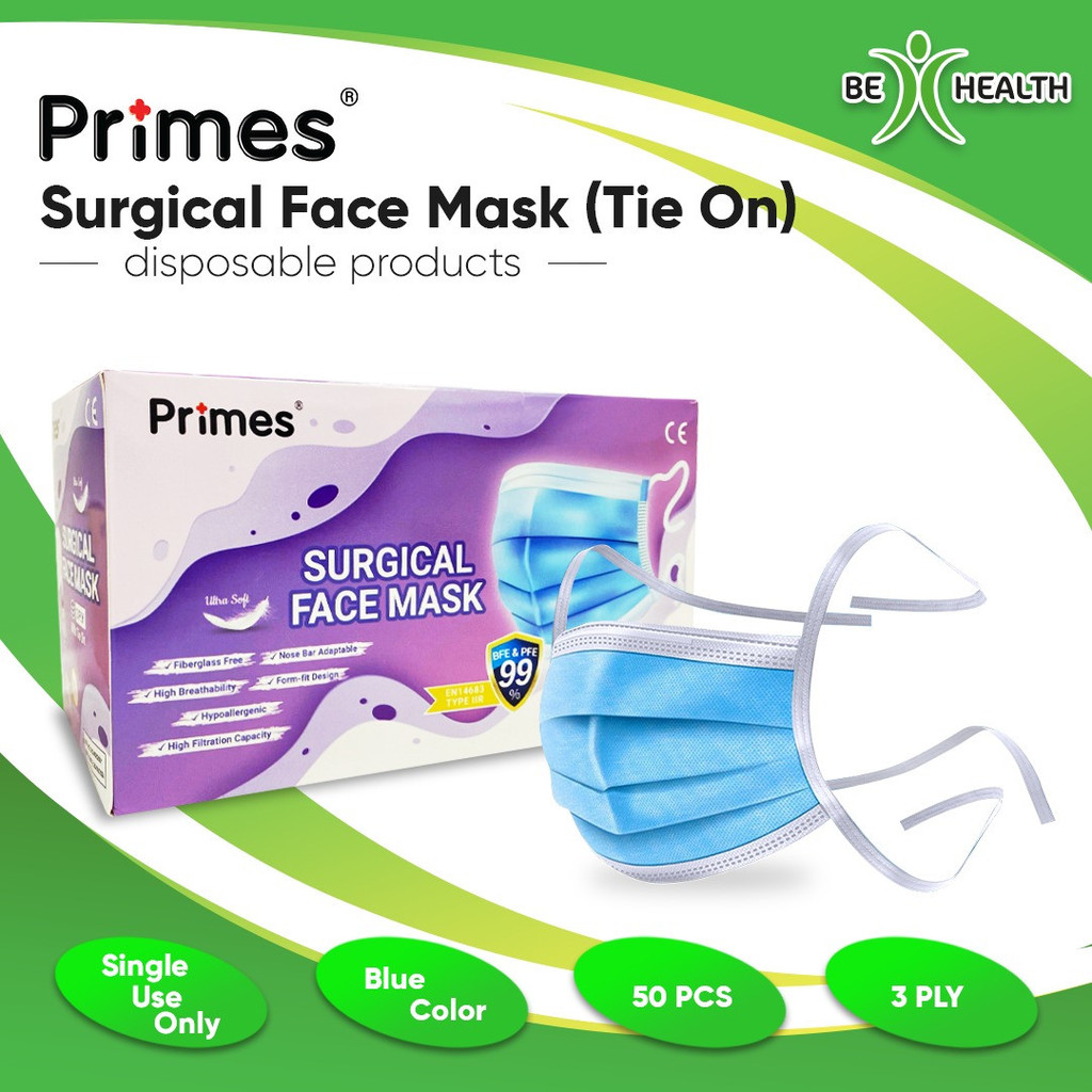 PRIMES Adult Surgical Face Mask, 3ply, Tie On (50pcs/box) | Shopee Malaysia