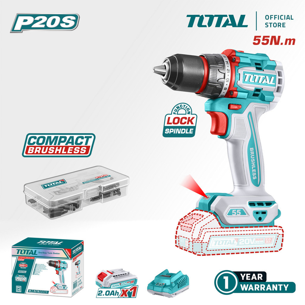 TOTAL Tools Cordless Drill + Battery + Charger + 47 Pcs Accessories ...