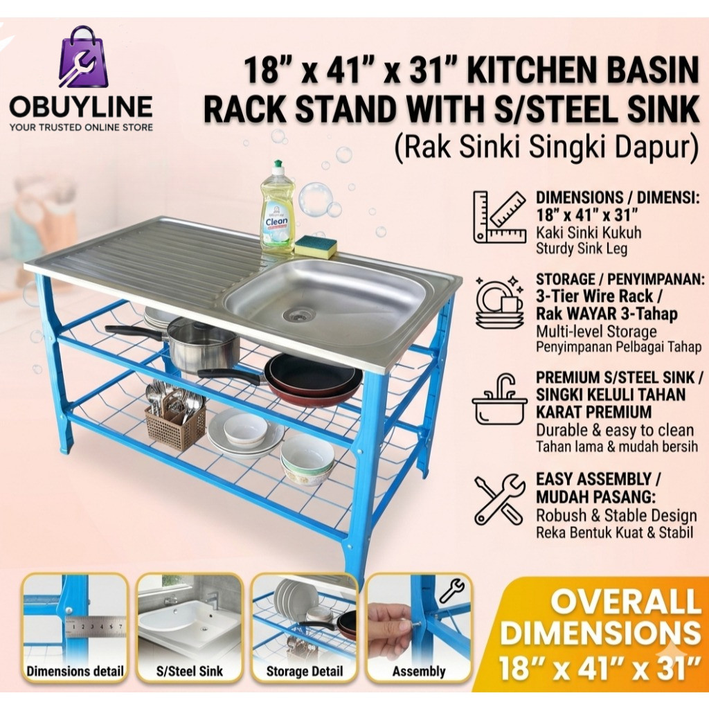 Kitchen Sink Rack Stand Stainless Steel 18"x41"x31" | Rak Sinki Dapur ...