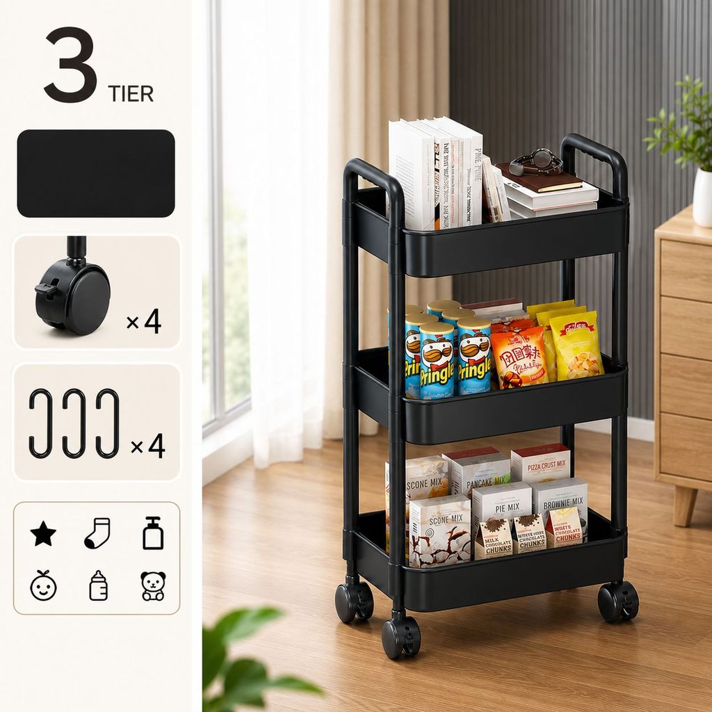 P 3 Tier Storage Rack Bookshelf Small Trolley Movable Multi-Layer Snack ...
