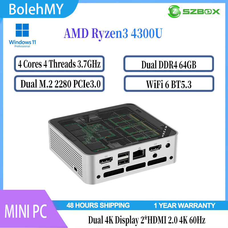 SZBOX Mini PC AMD Ryzen 3 4300U DDR4 3200Mhz PCIe 3.0 NVME For Office ...