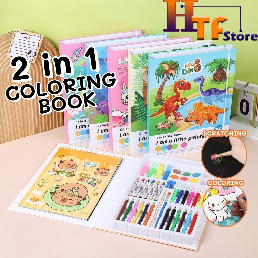 2 IN 1 Colourful Coloring Book Scratch Art Card Set Crayon Watercolor ...