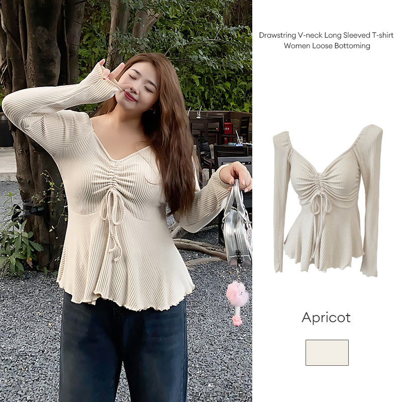 Drawstring V-neck Long Sleeved T-shirt Women Loose Top Bottoming Shirt ...