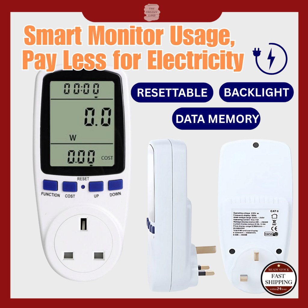 3 Pin Plug Power Meter Energy Monitor Backlight Voltage Current Alat ...
