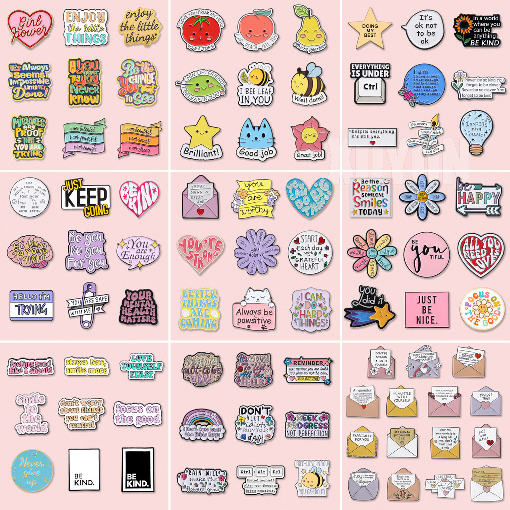 Inspirational Text Brooch Bundle 9pcs/Set Metal Badge Cute Quote Design ...