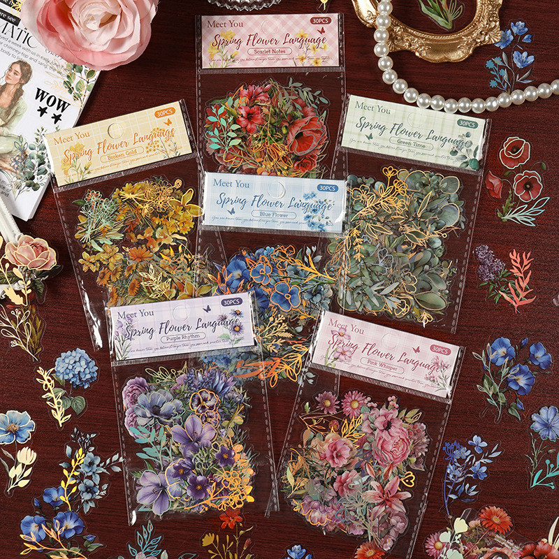30 Pcs Beautiful Four Seasons of Flowers Series PET Stickers Scrapbook ...