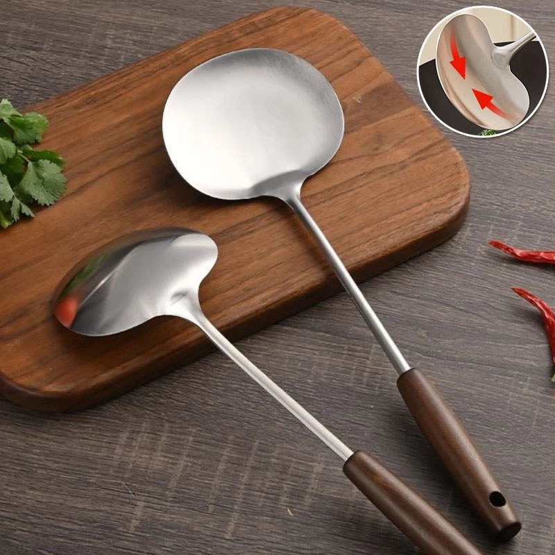 Stainless Steel Mushroom Shape Kitchen Stir Fry Spoon with Wood Handle ...