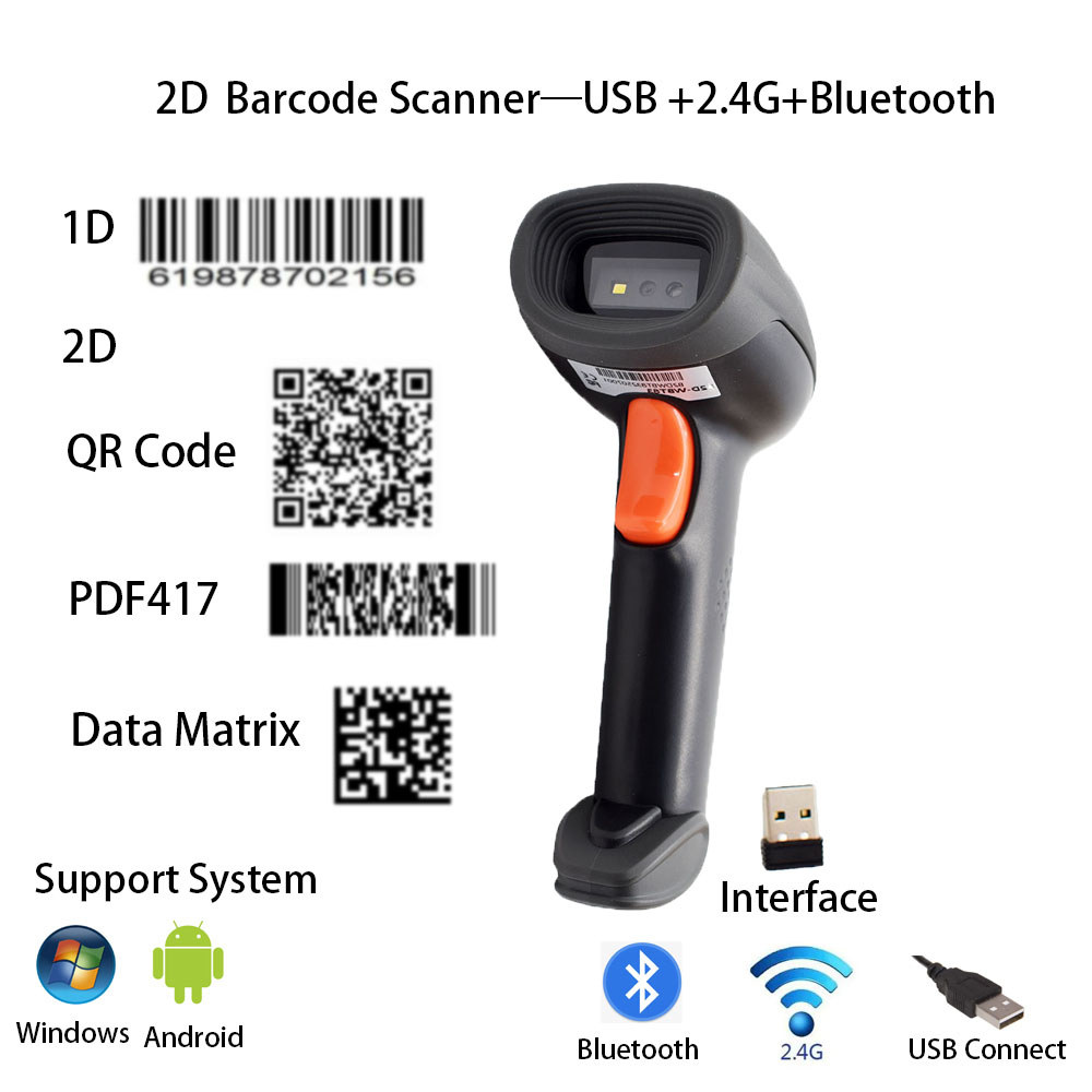 1D 2D Handheld Barcode Scanner Bluetooth/USB/Wireless Connection for ...