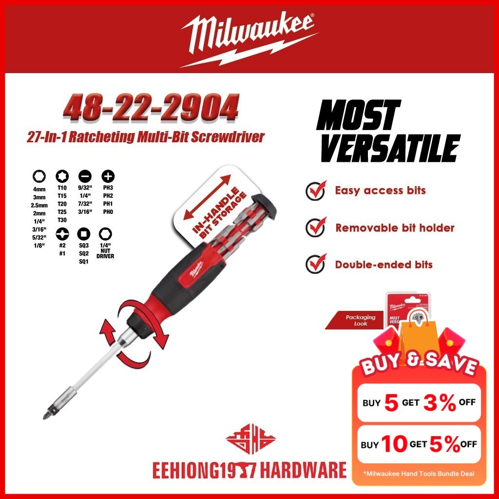 MILWAUKEE 48-22-2904 27-in-1 Ratcheting Multi-Bit Screwdriver In-handle ...