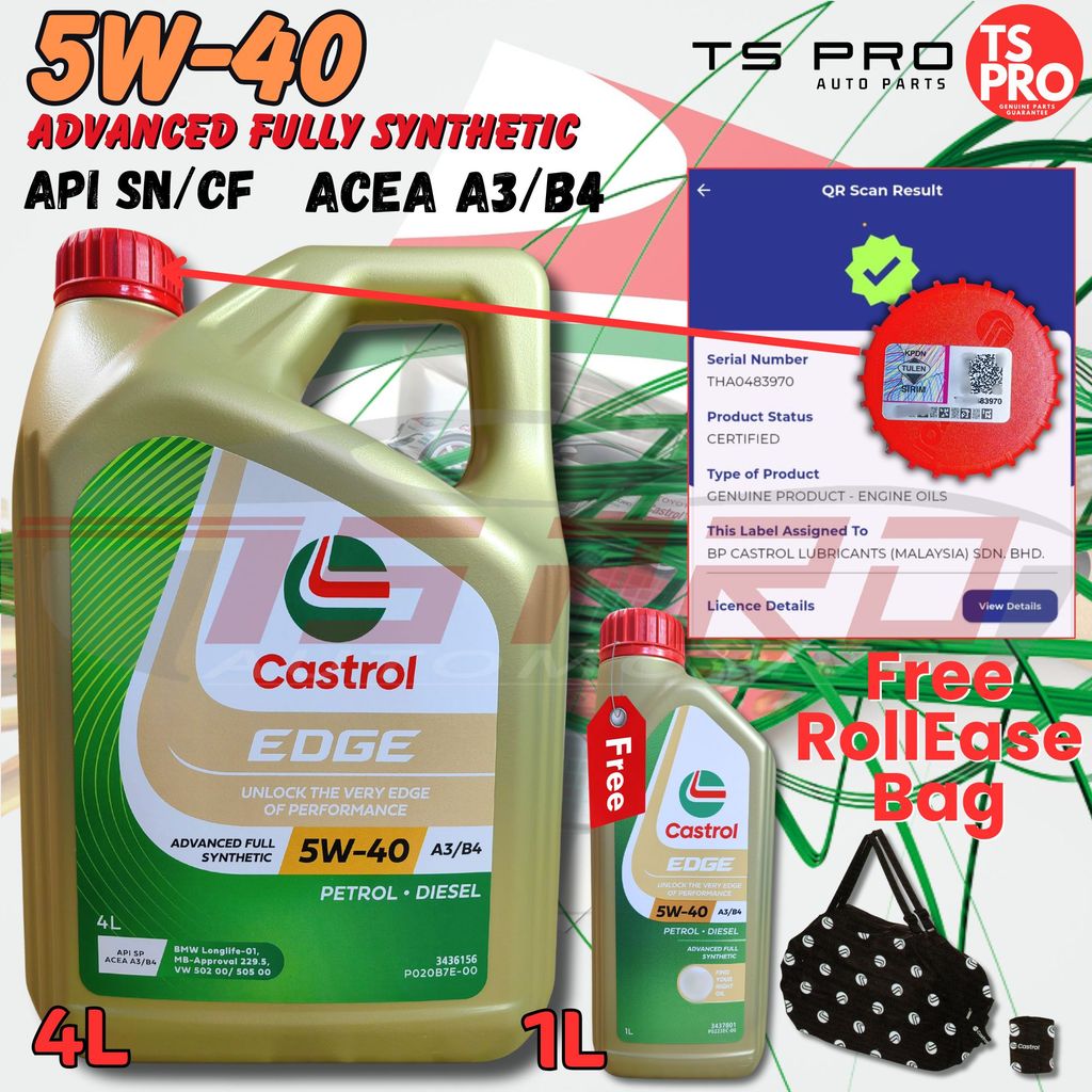 Castrol Edge 5W40 5W-40 Engine Oil (4L) + (1L) + Free TS PRO Mileage ...